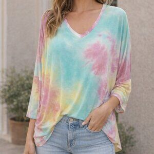 Cy Vibrant Tie-Dye Oversized Top M Pink Yellow Green  Soft Stretch V-Neck